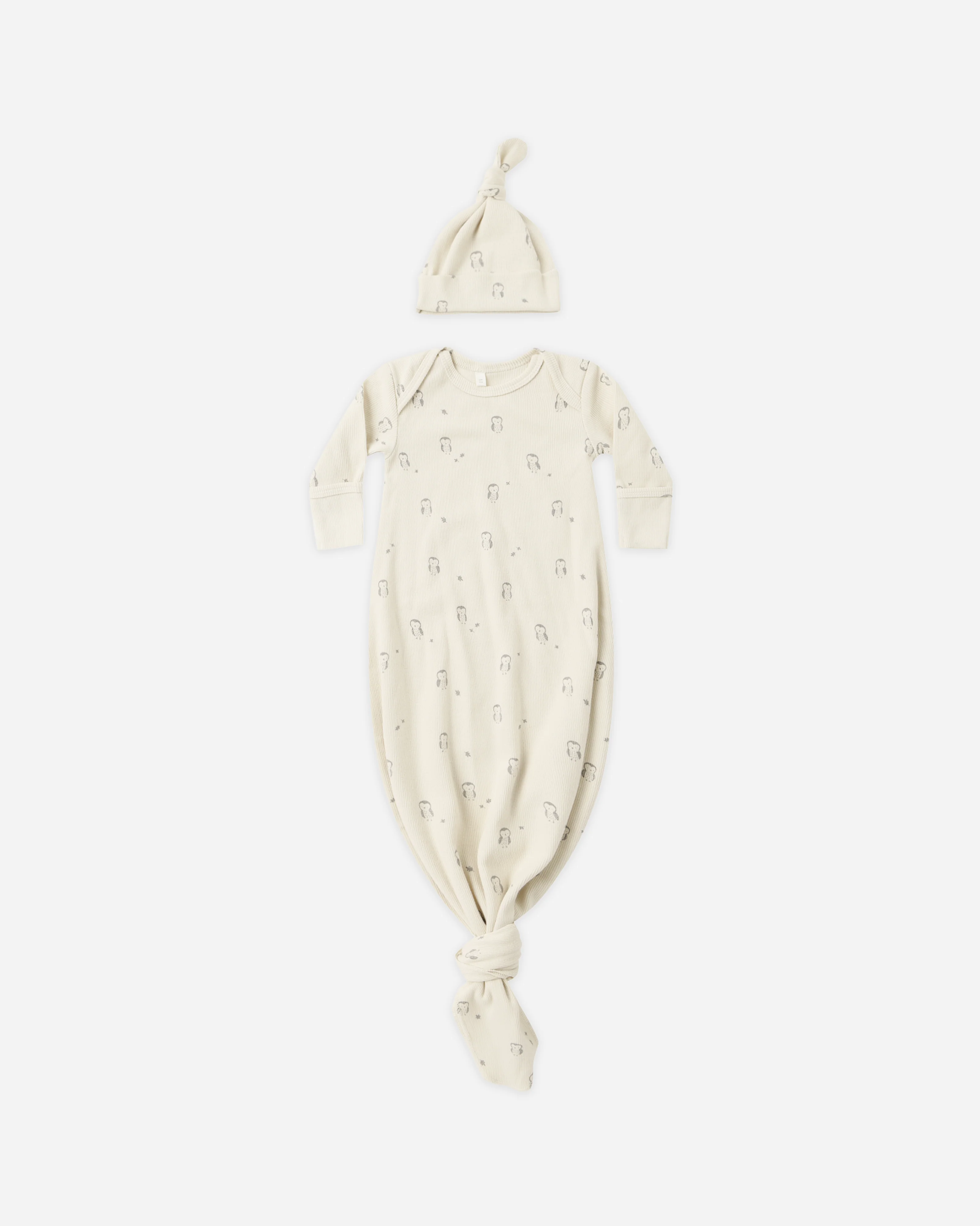 Knotted Baby Gown + Hat Set Owls