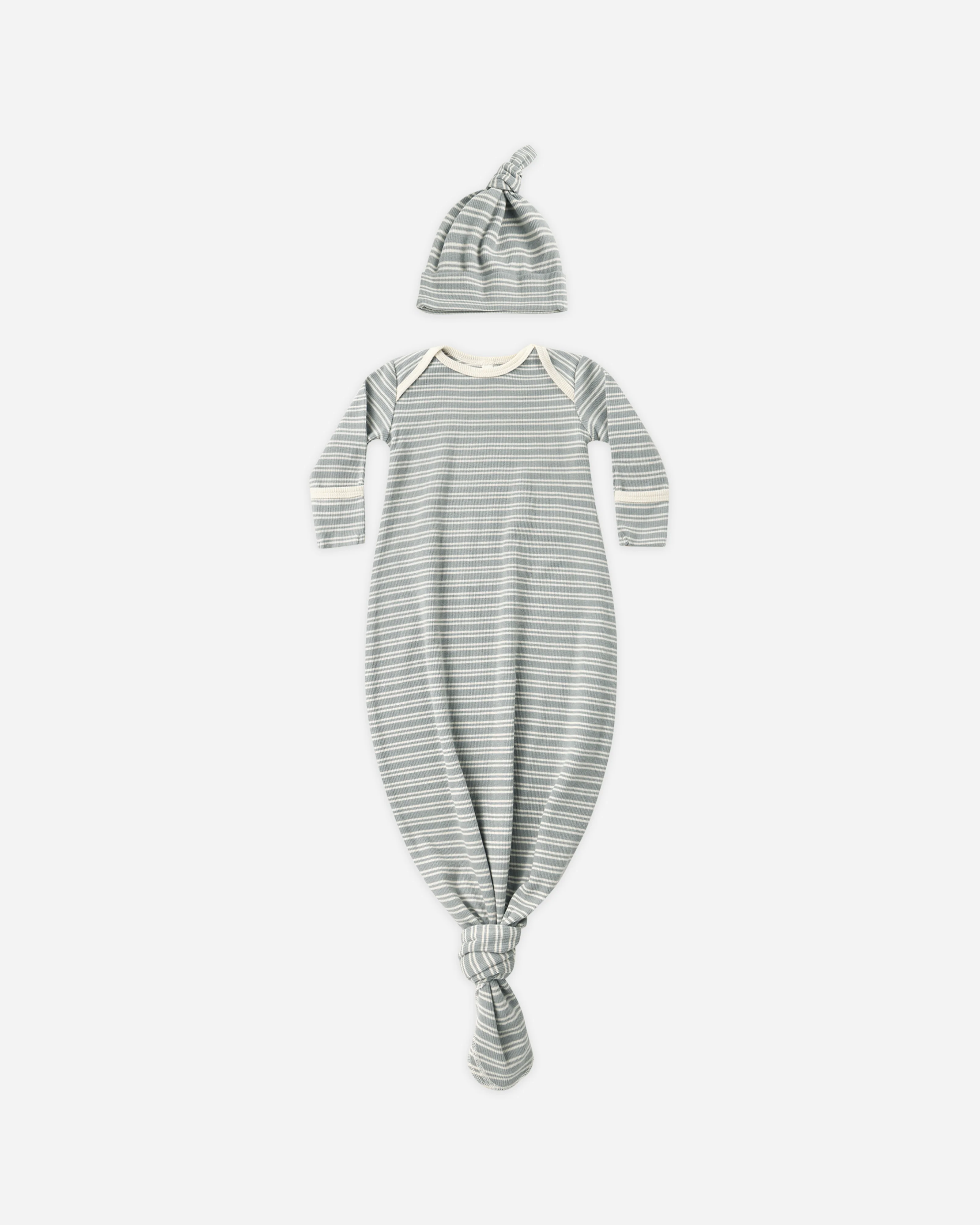 Knotted Baby Gown + Hat Set Steel Blue Micro Stripe