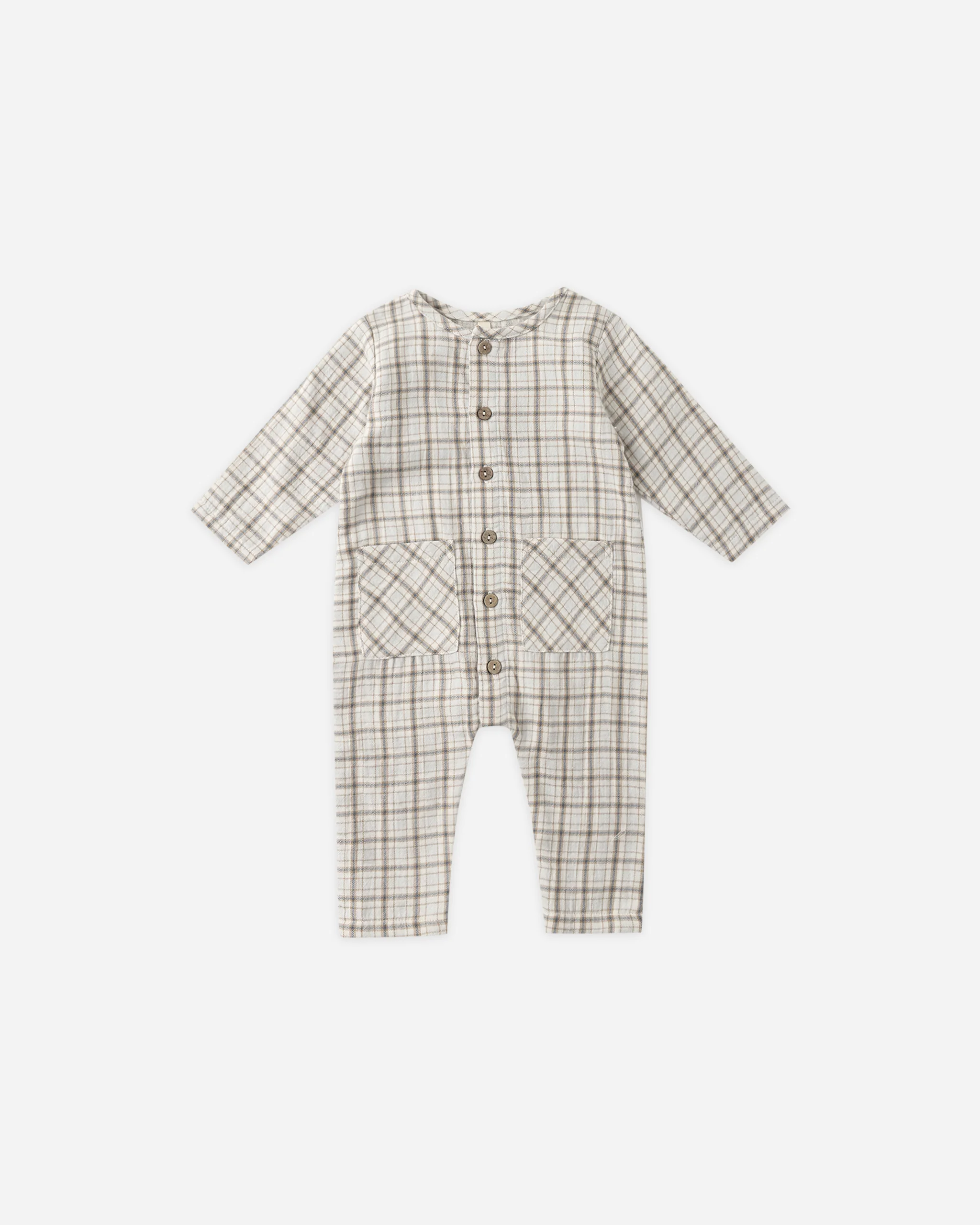 Pocketed Woven Jumpsuit Blue Plaid